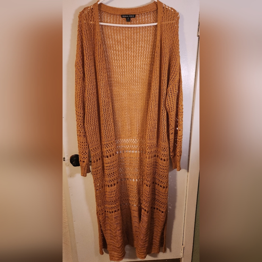 Moral Fiber Mustard Long Open Knit Cardigan; Fits Like An XL